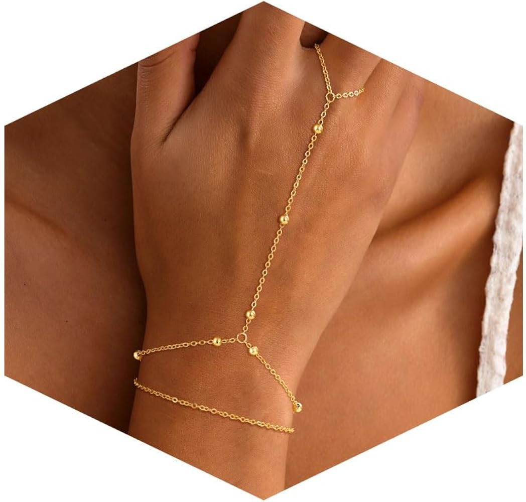 Hand Chain Bracelet for Women, Dainty 14K Gold Plated Bracelet | Amazon (US)