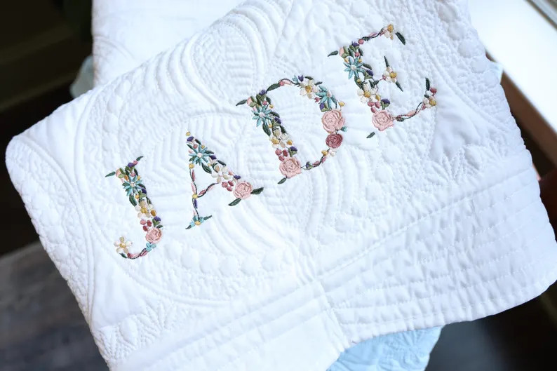 Embroidered Heirloom Baby Quilt With Floral Name Design, Personalized Baby Quilt, Custom Baby Bla... | Etsy (US)