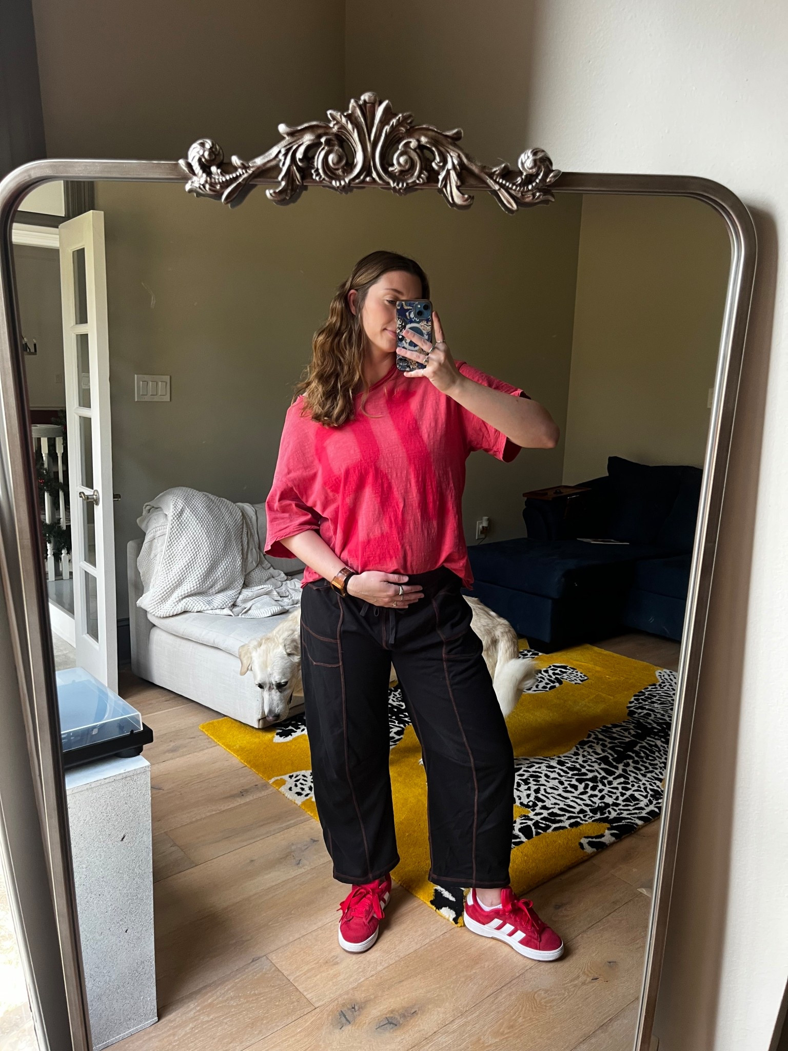 Non-maternity, bump-friendly outfit win ❤️ Off-the-shoulder red top + black barrel sweatpants = comfy, stretchy, and cute for pregnancy or everyday wear. This outfit works for pregnant mamas or not! 

#LTKootd #LTKmomlife #LTKMidsize