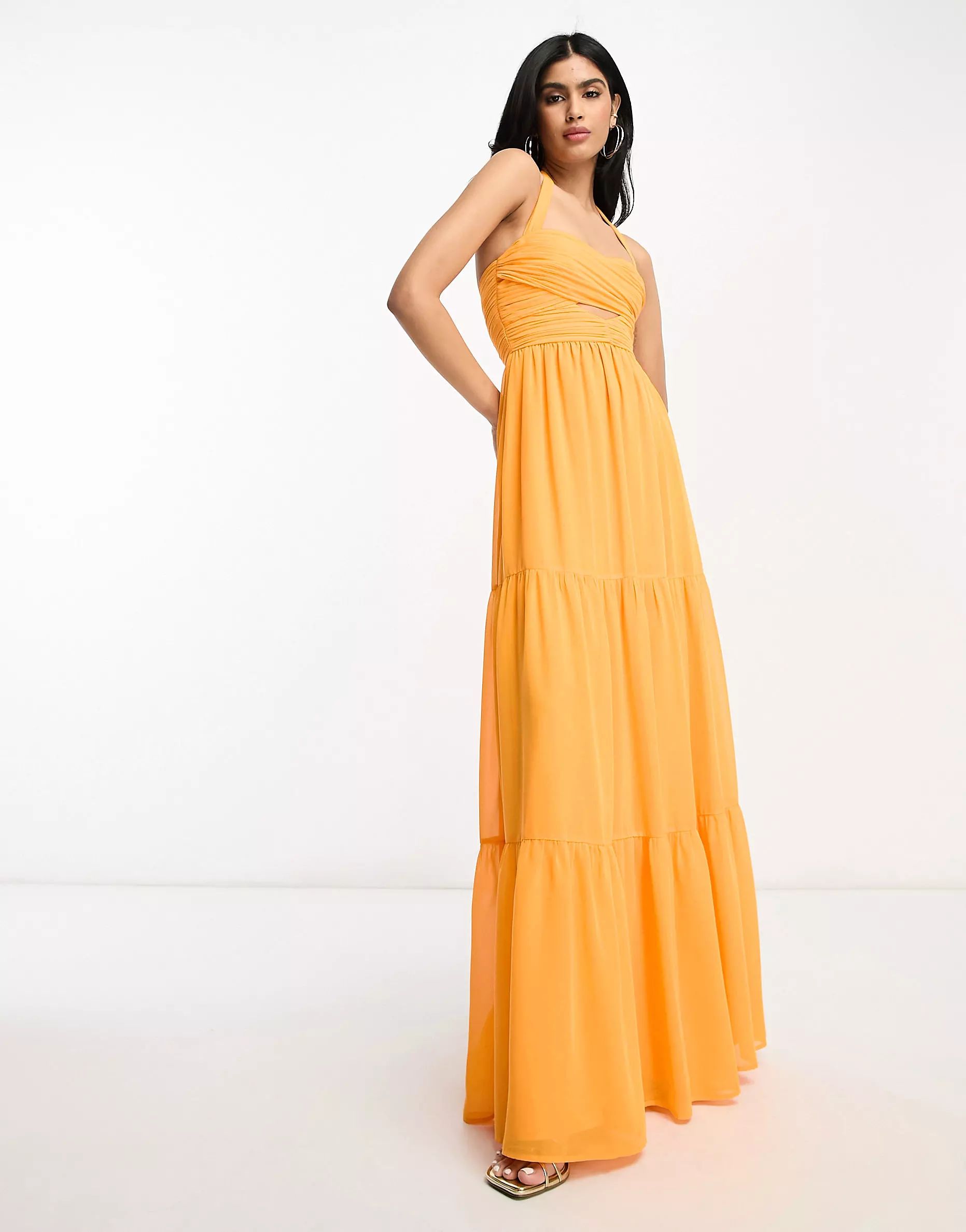 ASOS DESIGN ruched bodice halter tiered maxi dress in bright orange | ASOS | ASOS (Global)