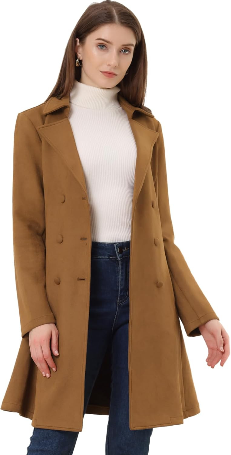 Allegra K Women's Faux Suede Jacket Double Breasted Notched Lapel Winter Long Trench Coat | Amazon (US)