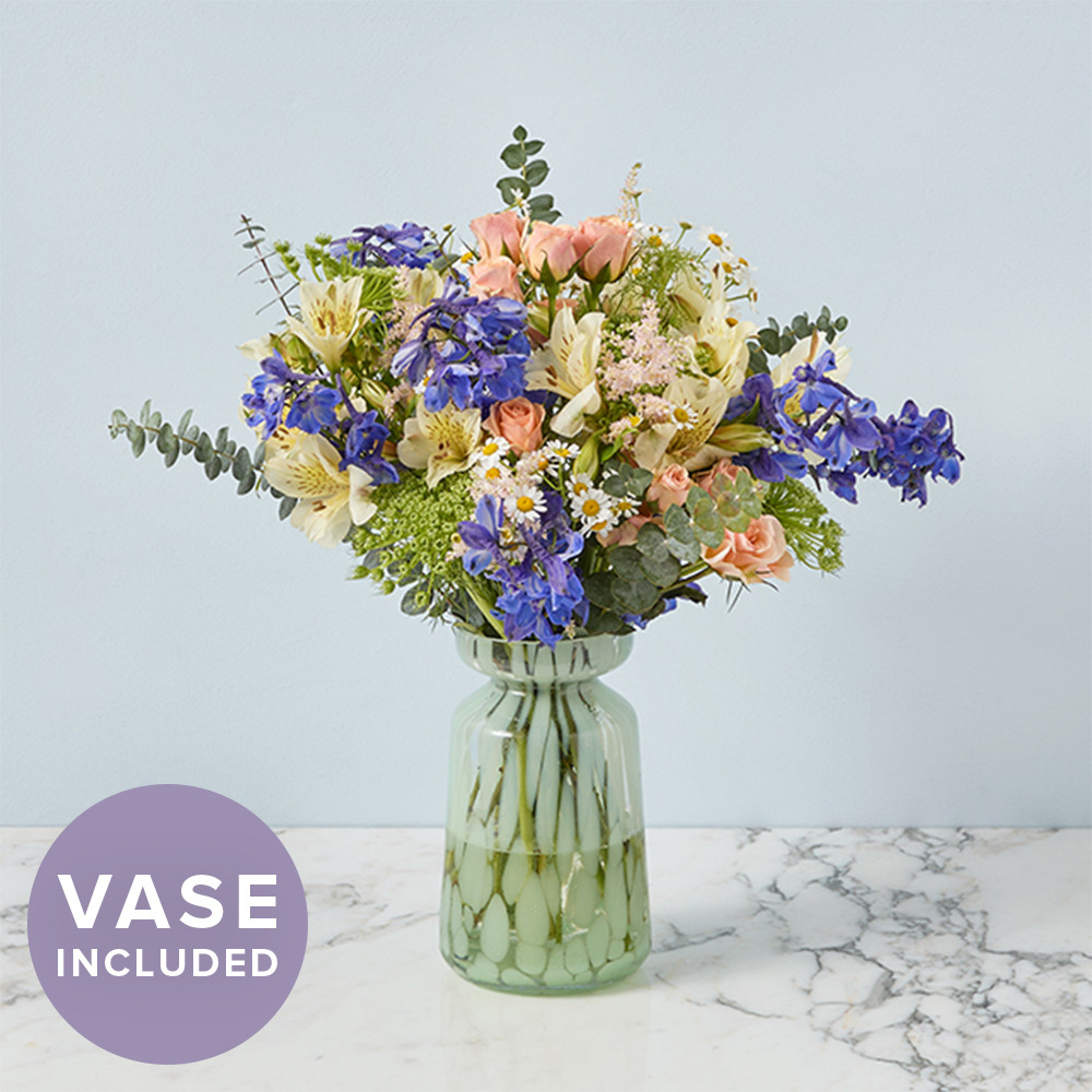 Vased Bouquet of Spray Roses, Delphinium & Alstroemeria - The Bouqs Co. | The Bouqs Co.