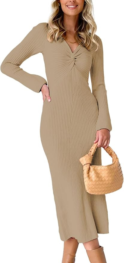 RAISECOM Womens Ribbed Knit Maxi Dresses Long Sleeve V Neck Casual Sweater Dress Bodycon Midi Dre... | Amazon (US)