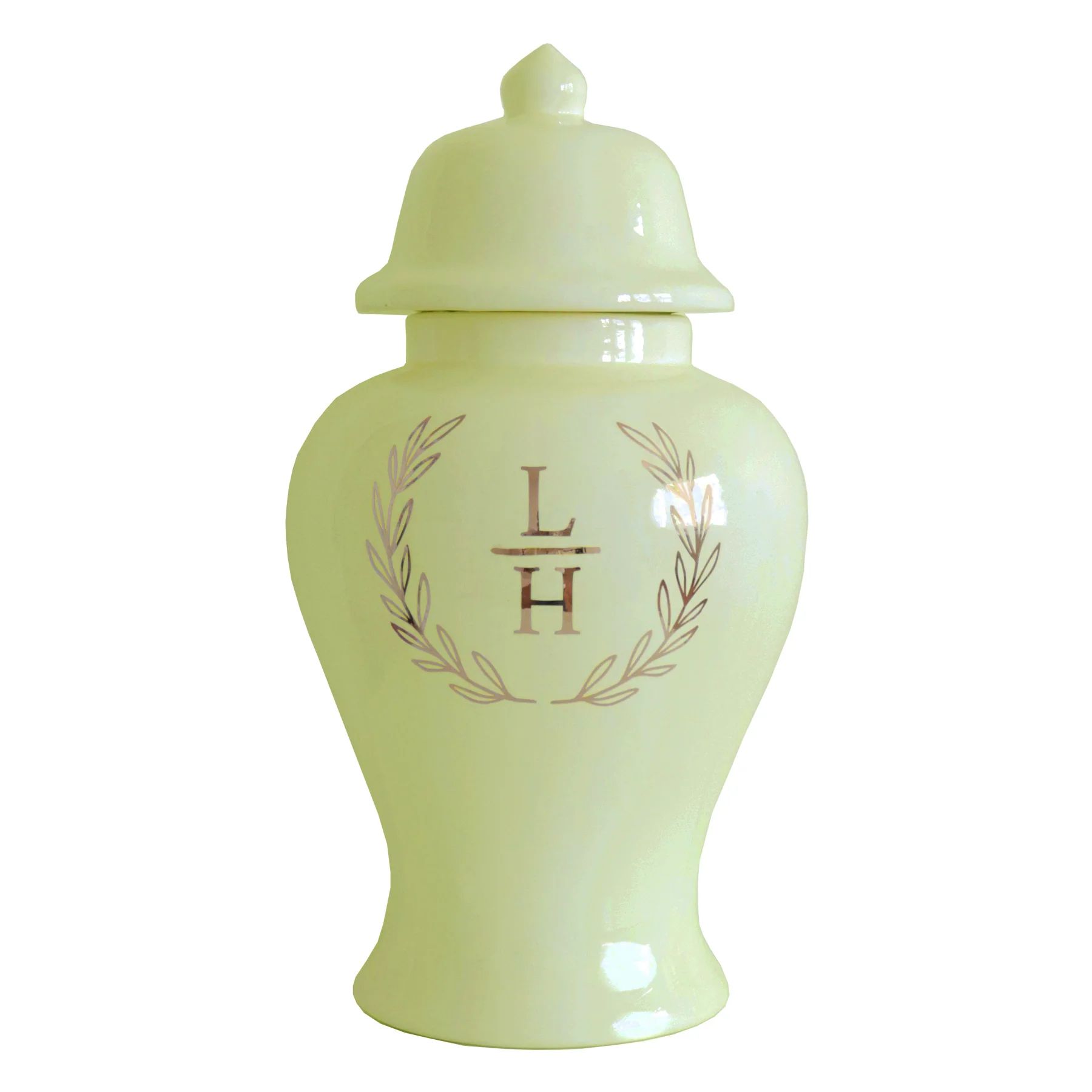 Laurel Wreath Monogram Ginger Jars in Celery Green | Lo Home by Lauren Haskell Designs