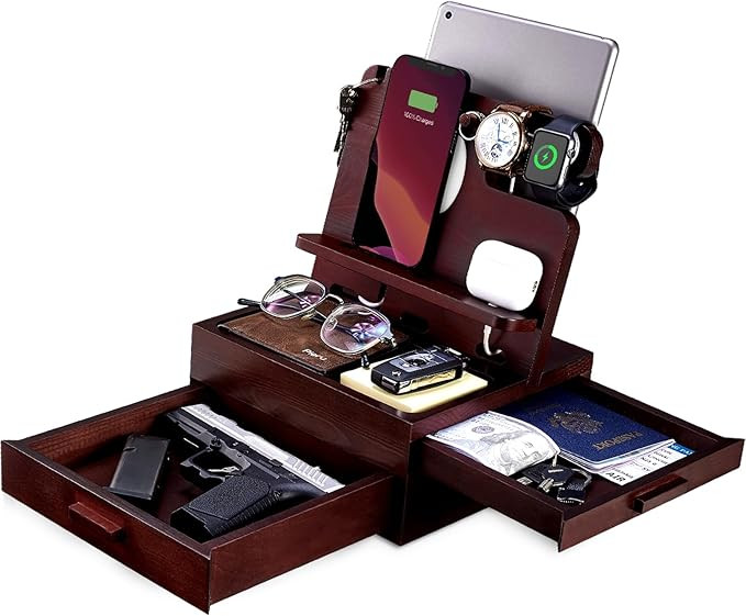 Wood Nightstand Organizer with Drawers & Tray & Tablet Keys Rings Holder, Phone Docking Station f... | Amazon (US)