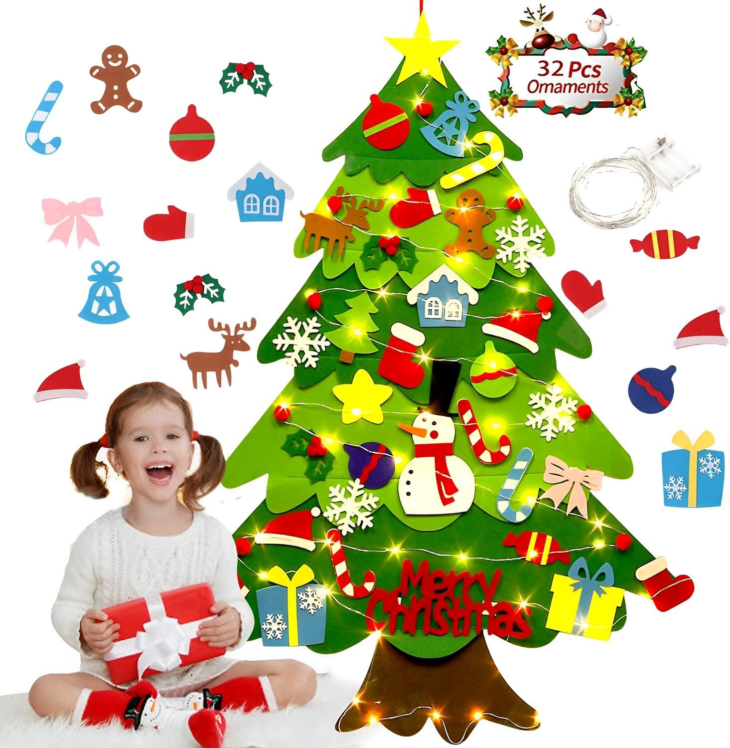 Montessori Felt Christmas Tree for Toddlers, 3.2FT DIY Wall Xmas Tree with 32 Ornaments and LED L... | Amazon (US)