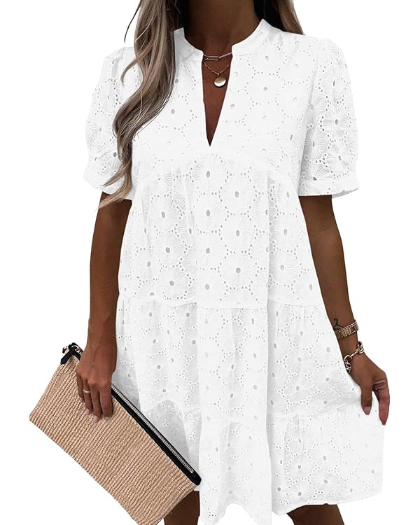 Imily Bela Womens Summer Lace Dresses Eyelet Casual Flowy Babydoll Swing Short Sleeve V Neck Tuni... | Amazon (US)