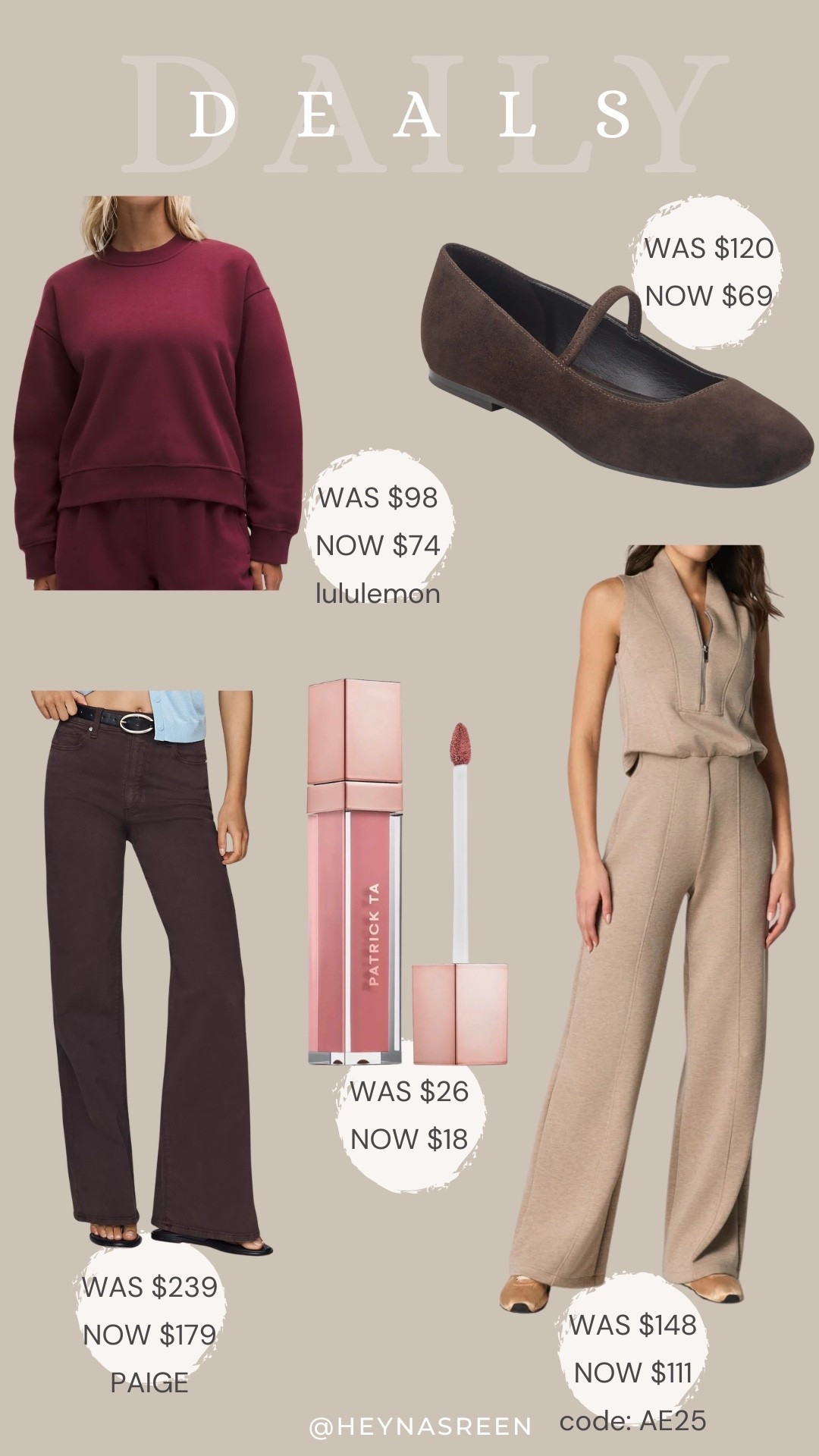Daily deals on lululemon sweatshirt, Marc Fischer LTD flats, Spanx jumpsuit, Patrick Ta lipgloss, Paige anessa jeans