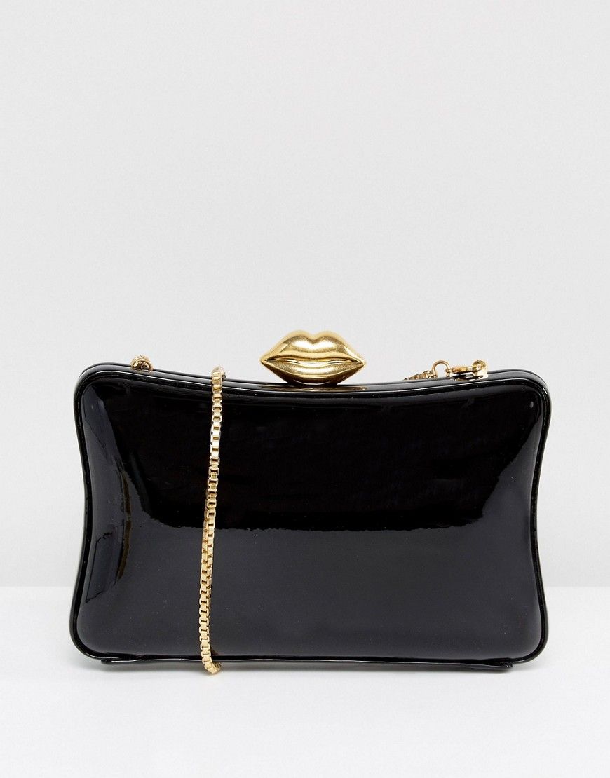 Lulu Guinness Patent Pillow Box Clutch Bag in Black & Gold - Black | ASOS US