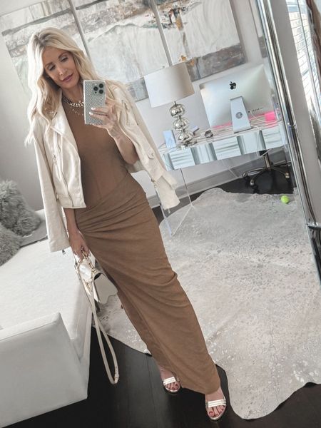 Date night VIBES✨✨✨This slinky sexy dress is so perfect for a date night or fun GNO! It hugs your curves in all the right places and this neutral color is so gorgeous! It runs tts, I’m wearing an XS. 

PS - this ivory faux suede moto jacket has gold hardware and is the perfect light weight jacket! It’s under $100 and the fit is perfect! 

#LTKover40 #LTKfindsunder100 #LTKstyletip