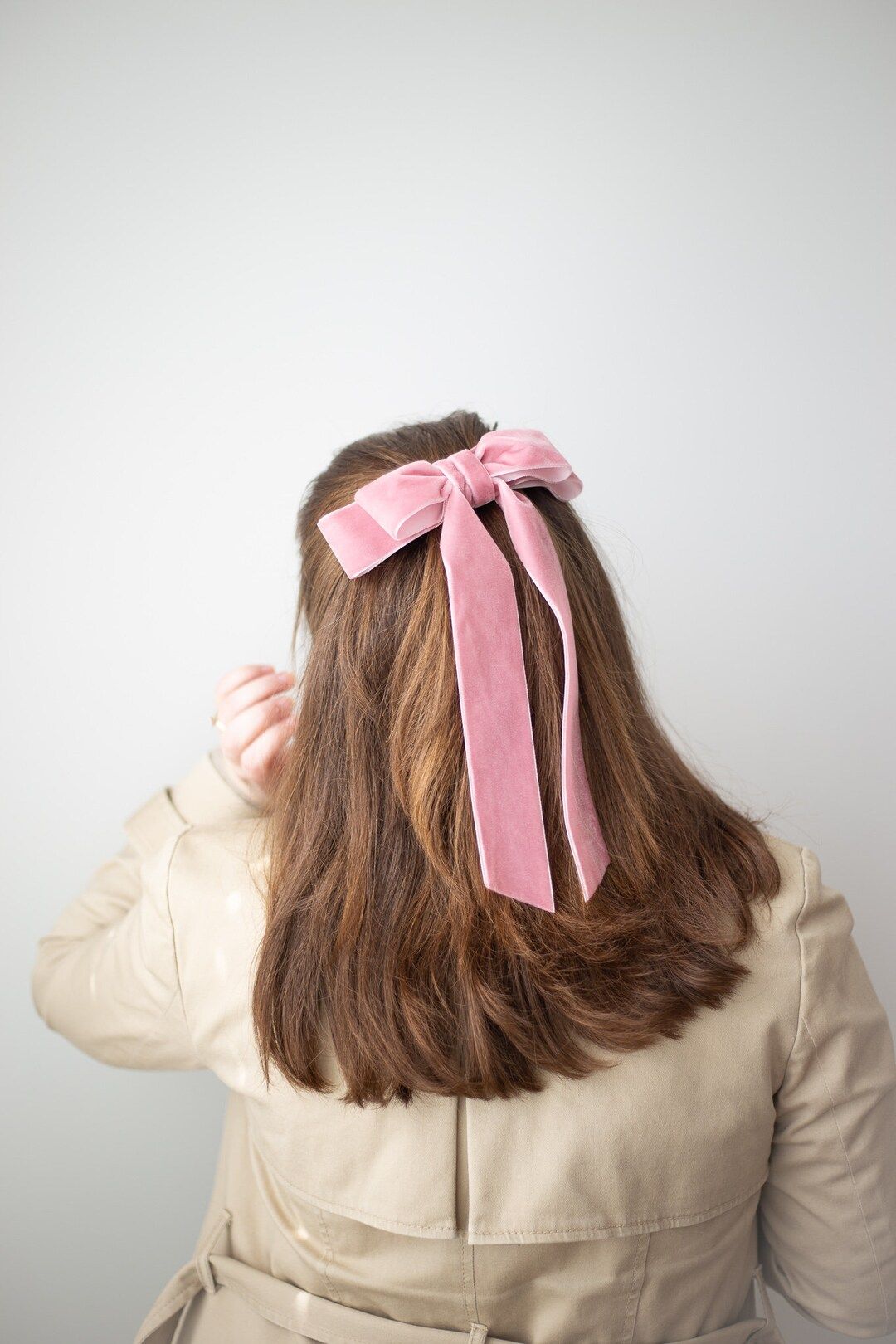 Blush Pink Velvet Hair Bow Long Tail French Barrette | Grace & Grandeur Judy Long Bow | Etsy (US)