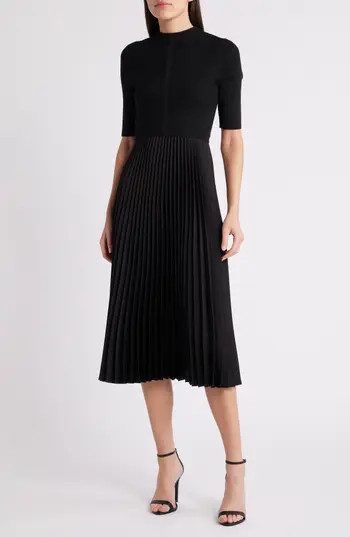 BOSS Fireanami Shimmer Sweater Dress with Plissé Skirt in Black at Nordstrom Rack, Size Xx-Large | Nordstrom Rack