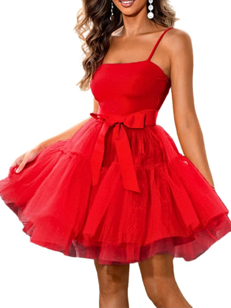 Kaei&Shi Poofy Short Tulle Dress,Spaghetti Strap Semi Formal Dresses for Women,Elegant Birthday O... | Amazon (US)