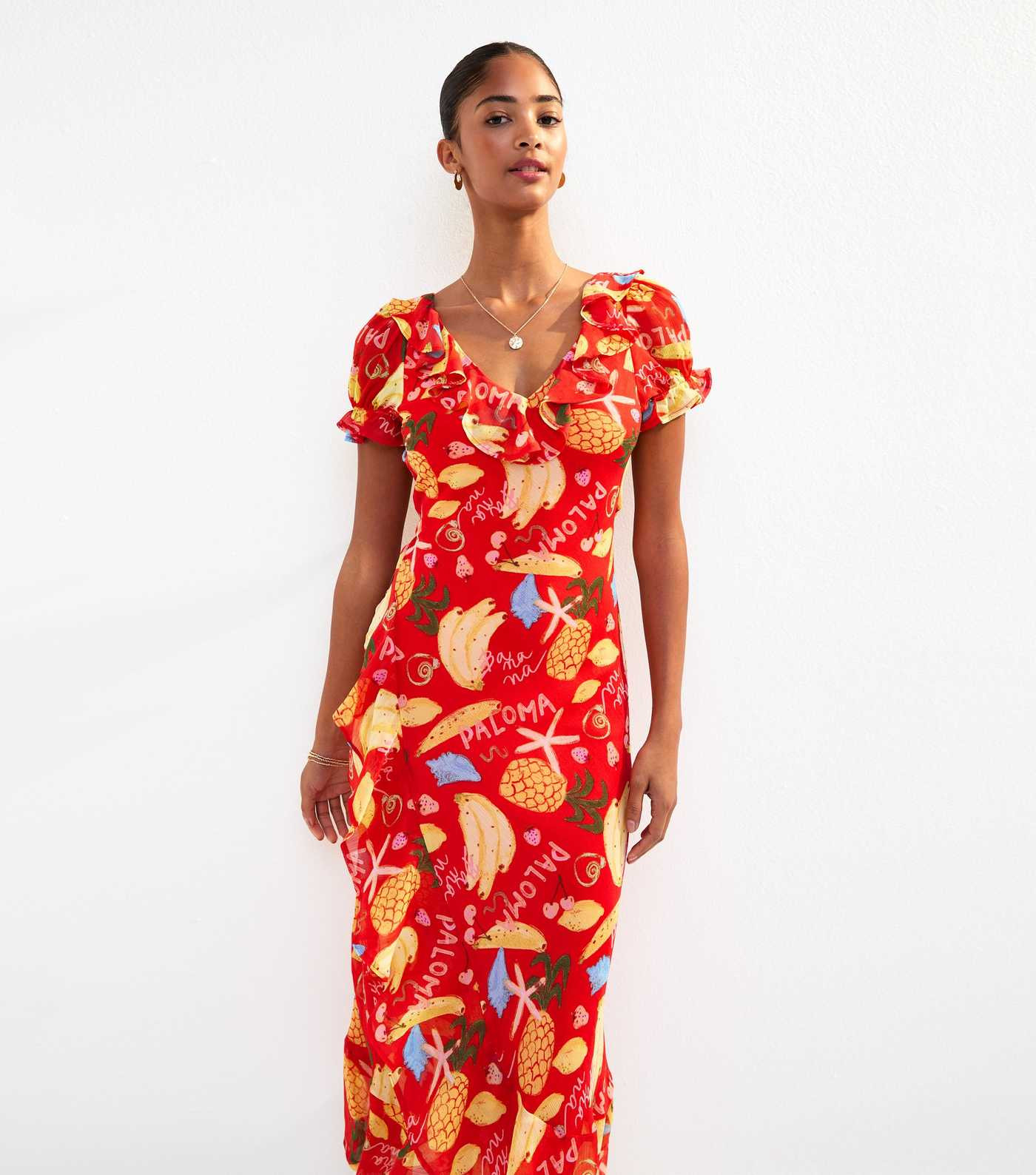 Red Tropical Print Ruffle Trim Chiffon Midi Dress | New Look | New Look (UK)
