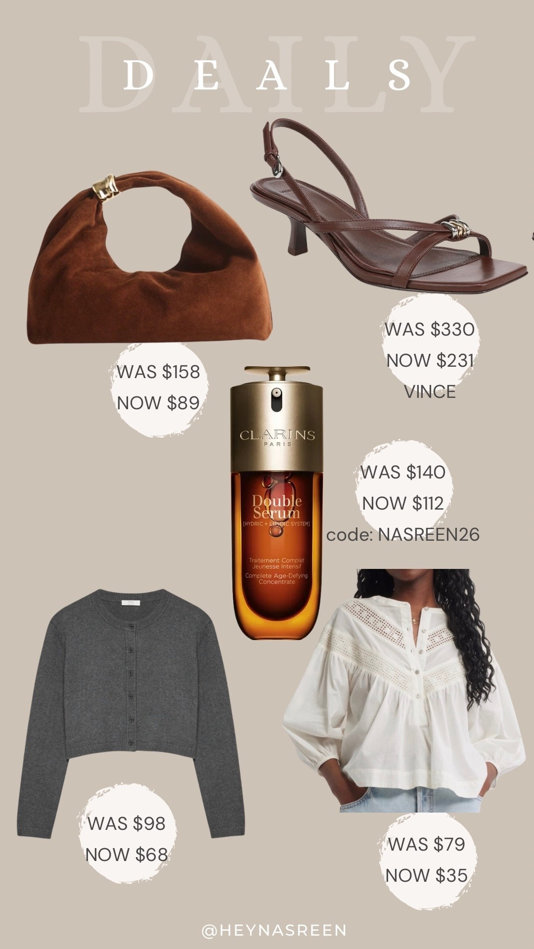 Daily deals on Madewell bag, Vince heels, Clarins double serum, Treasure & Bond top, Aritzia cardigan 