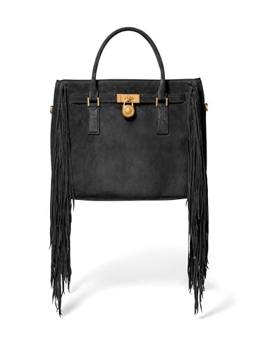 Michael Kors Hamilton Nomad Large Satchel, Antique Gold-Tone Hardware/Fringe Suede/Black | Amazon (US)