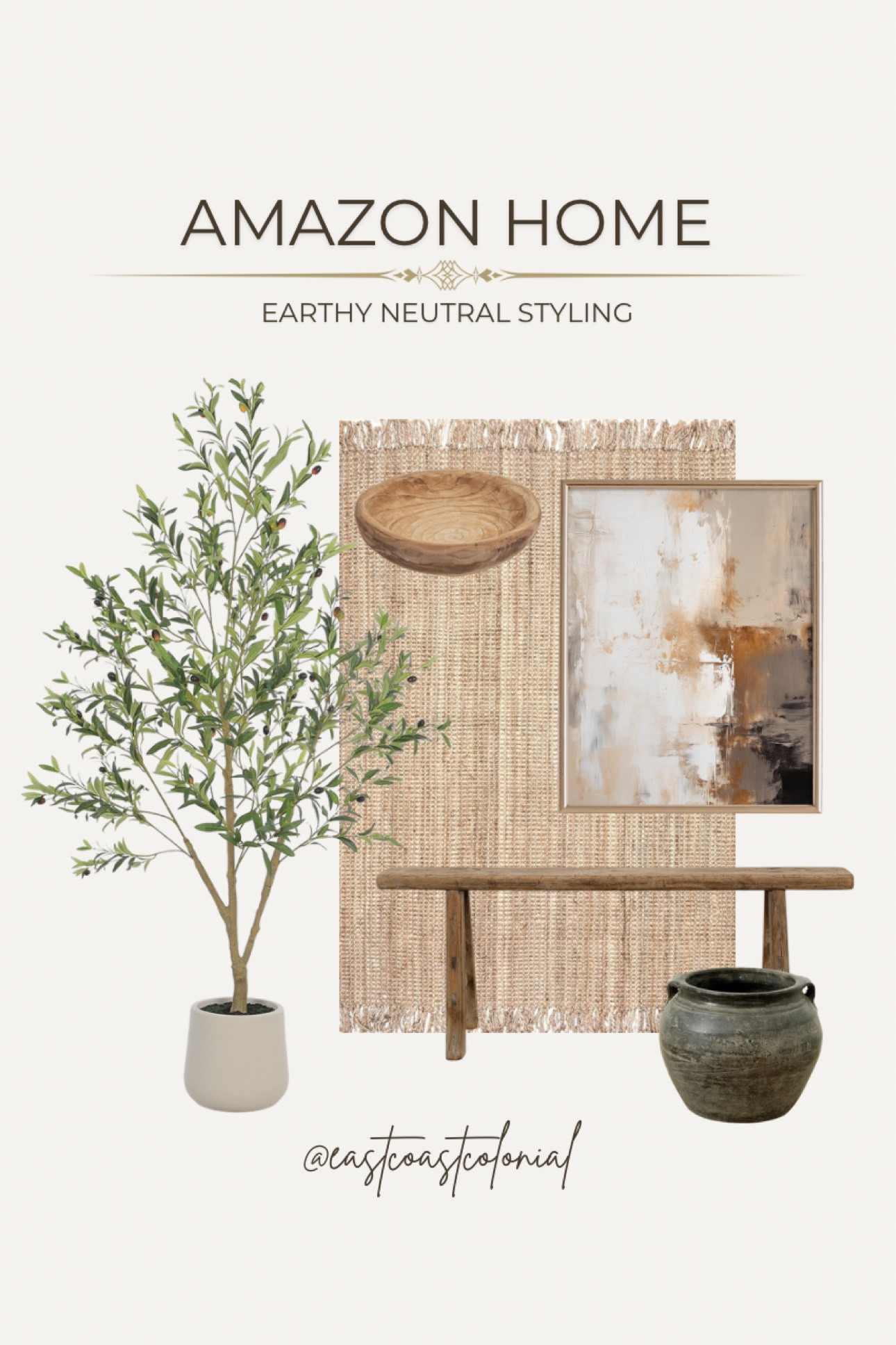 Loving these earthy, organic modern decor pieces from Amazon: jute area rug, artificial olive tree, wall art, wood bowl, vintage bench, planter pot vase. 

#LTKHome #LTKStyleTip #LTKSaleAlert