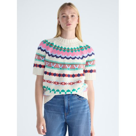 Free Assembly Women's Yoke Stitch Sweater with Short Sleeves, Midweight, Sizes XS-XXL | Walmart (US)