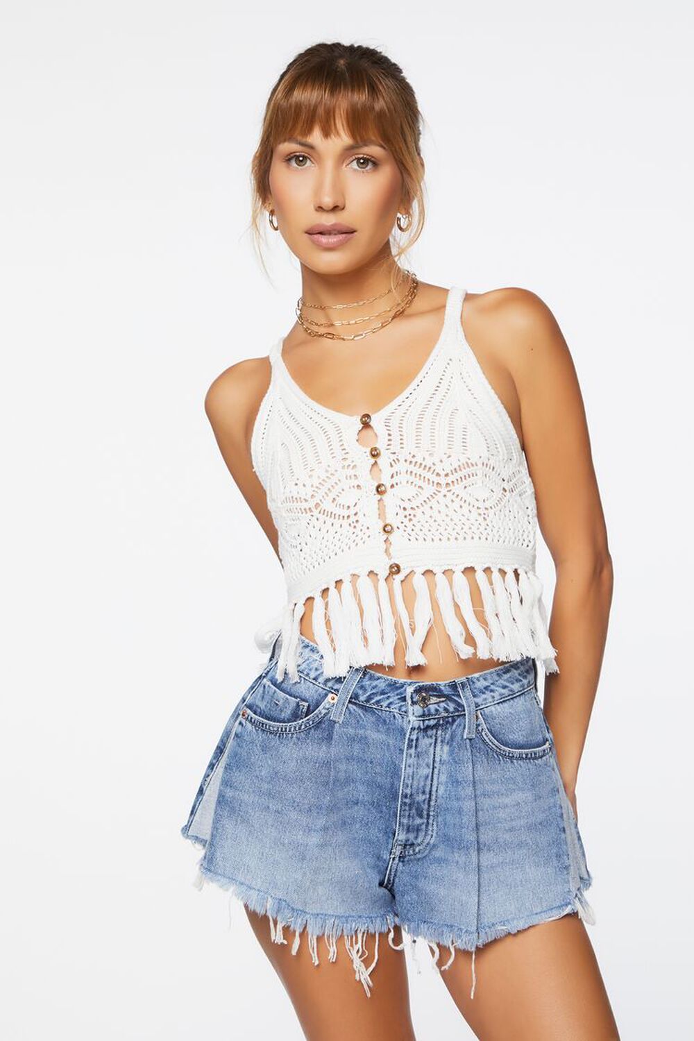 Recycled Cotton Frayed Raw-Cut Denim Shorts | Forever 21 | Forever 21 (US)