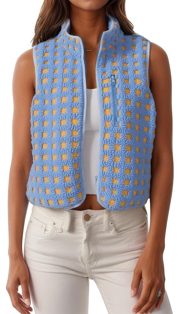 FEOYA Stand Collar Sleeveless Jacket Women Sherpa Fleece Waistcoat Plaid Zip Up Gilet High Neck C... | Amazon (CA)