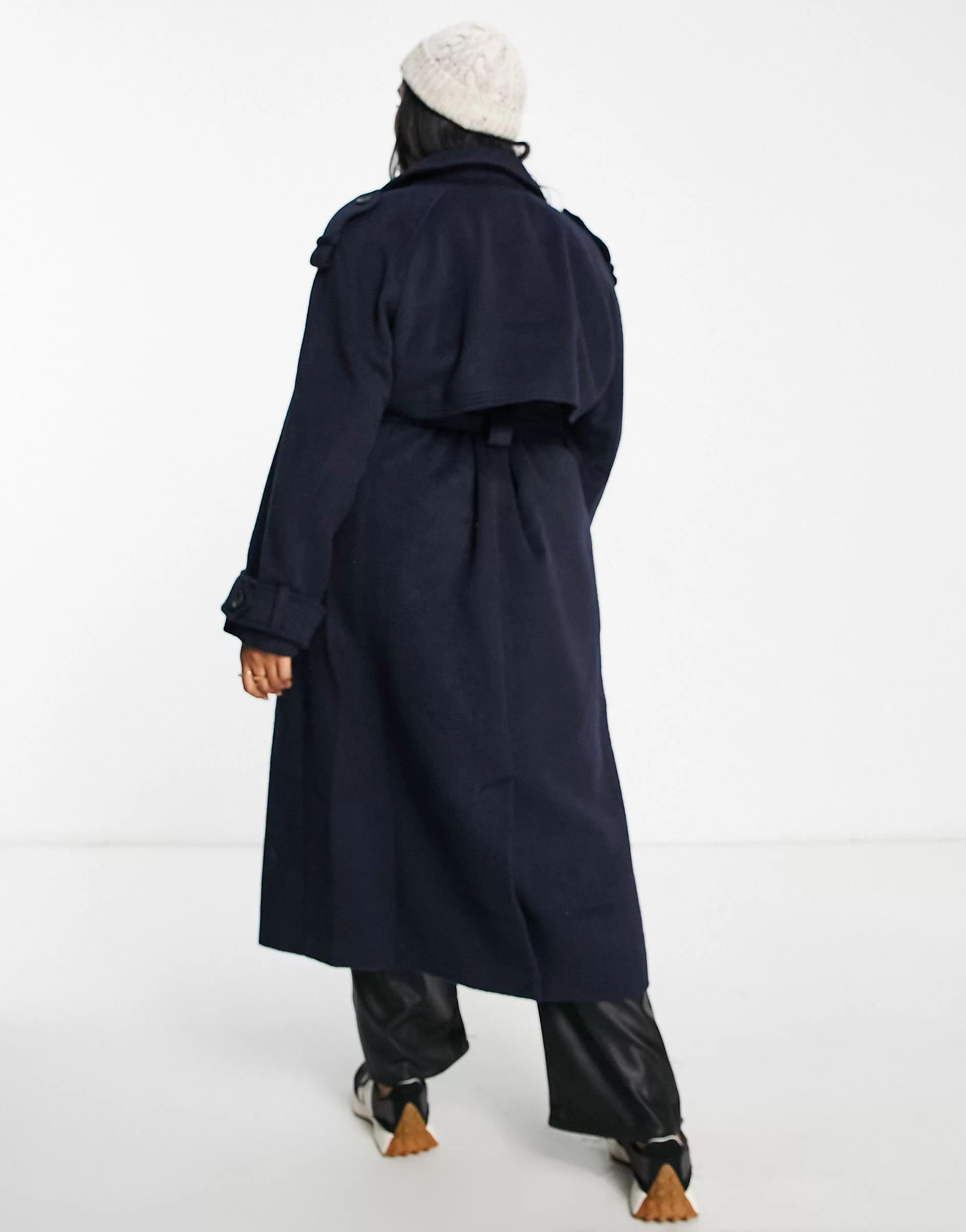 ASOS DESIGN Curve oversized brushed formal trench wool mix coat in navy | ASOS (Global)
