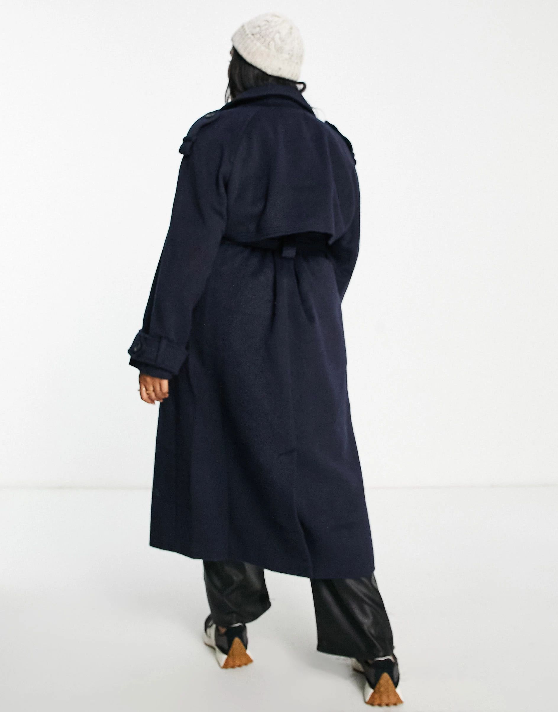 ASOS DESIGN Curve oversized brushed formal trench wool mix coat in navy | ASOS (Global)