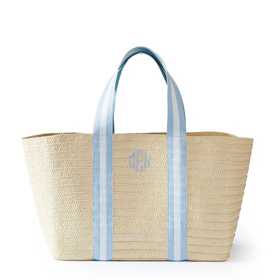 Oversized Ribbon Straw Beach Tote, Light Blue-White | Mark and Graham