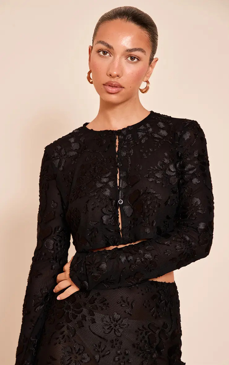 Black Floral Button Cropped Top | PrettyLittleThing UK