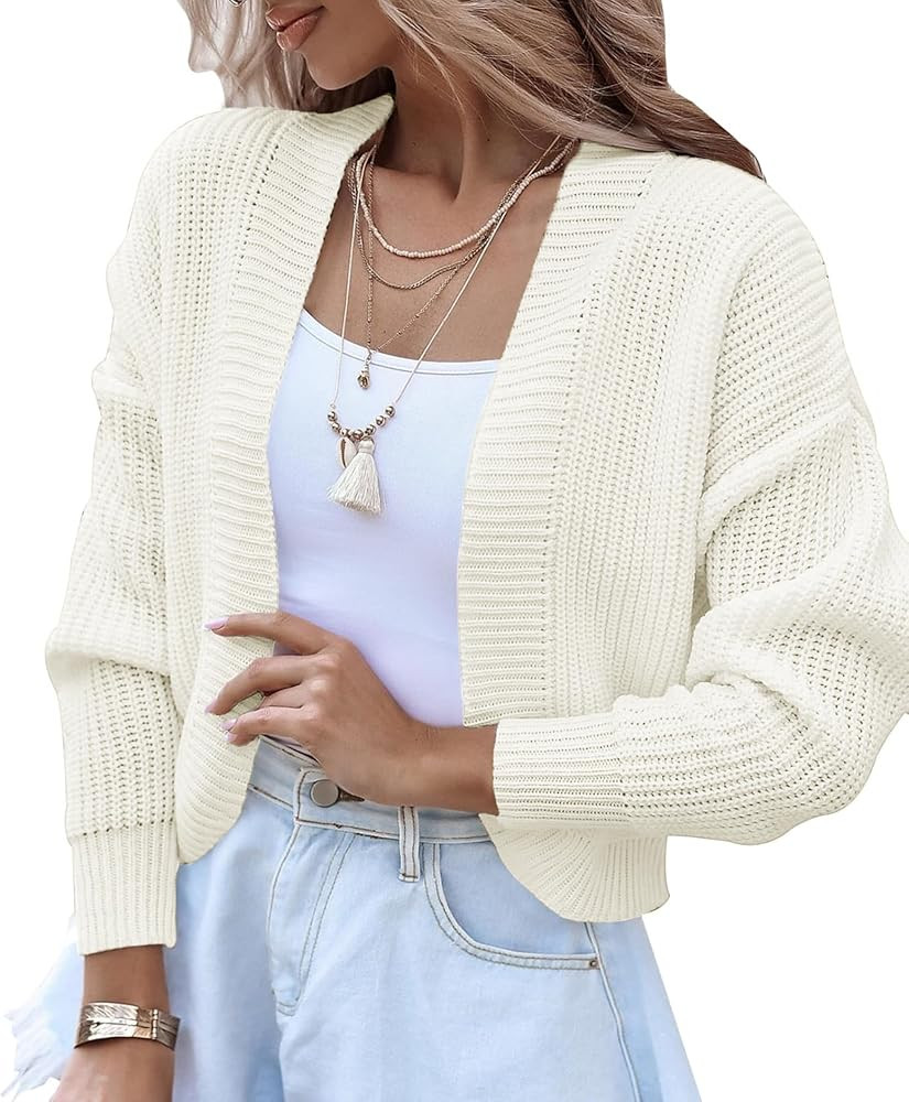 Women's Long Sleeve Cropped Cardigan Open Front Lightweight Casual Knit Short Shrugs Sweater Coat... | Amazon (US)