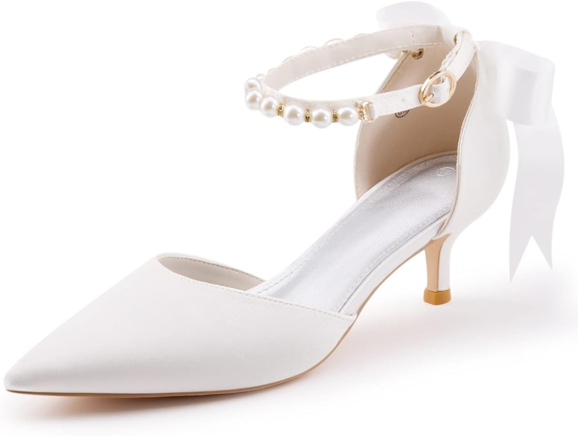 Coutgo Womens Pearl Ankle Strap Pumps Low Kitten Heel D'Orsay Satin Back Tieknot Heels Pointed To... | Amazon (US)