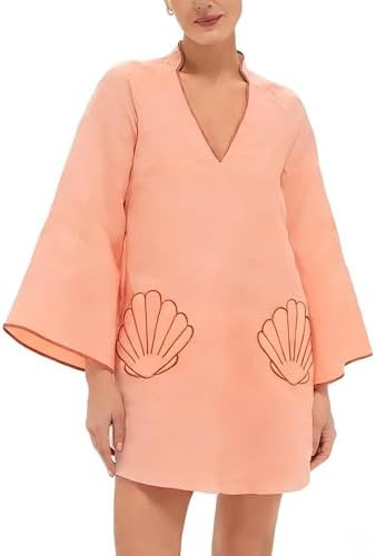 VAOYIU Summer Dresses for Women Loose Fit V-Neck Shell Embroidery Mini Dress Boho 3/4 Casual Slee... | Amazon (US)