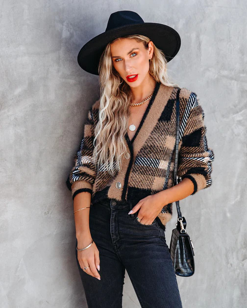 Taylor Plaid Fuzzy Knit Cardigan - Camel | VICI