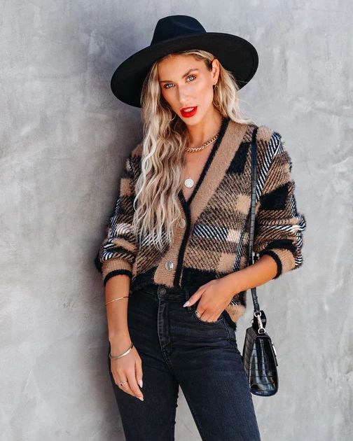Taylor Plaid Fuzzy Knit Cardigan - Camel | VICI Collection