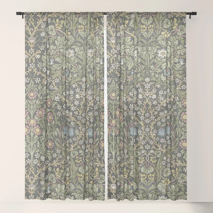 William Morris Vintage Blackthorn Green Charcoal Sheer Curtain | Society6