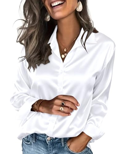 Zeagoo Button Down Silk Shirts for Women White Satin Blouse Formal Tops White | Amazon (US)