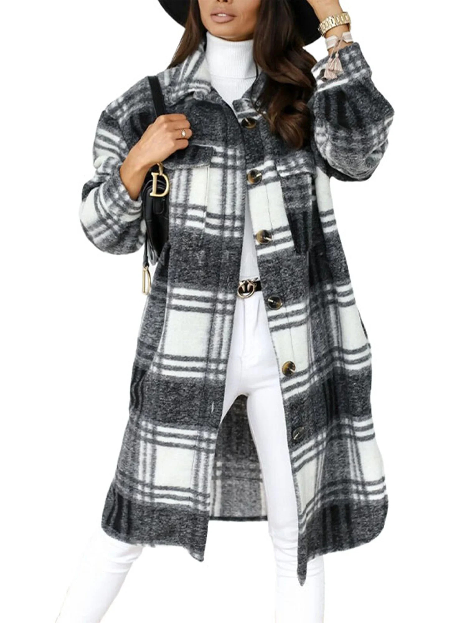 Sexy Dance Chunky Warm Coats For Women Casual Plaid Button Down Long Sleeve Long Trench Turn-Down... | Walmart (US)
