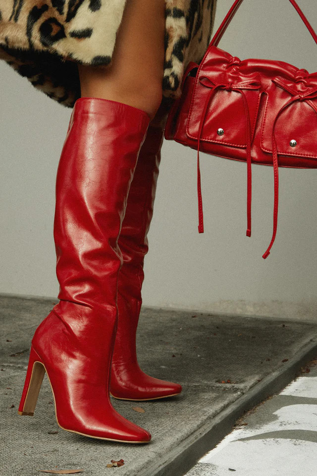 Miss Lola | Adelaisa Red Knee High Heel Boots | MISS LOLA