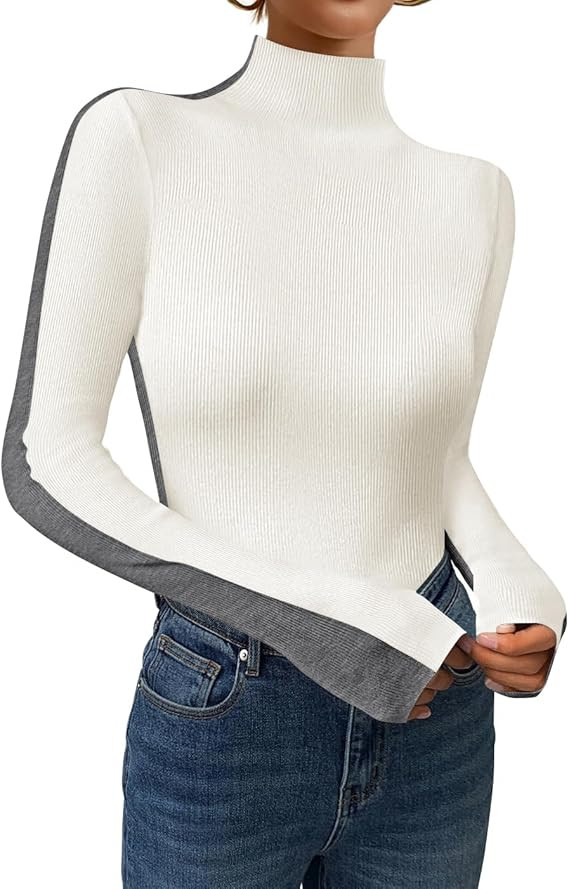 ZESICA Women's Fall Mock Neck Sweaters 2024 Long Sleeve Color Block Ribbed Knit Shirts Basic Slim... | Amazon (US)