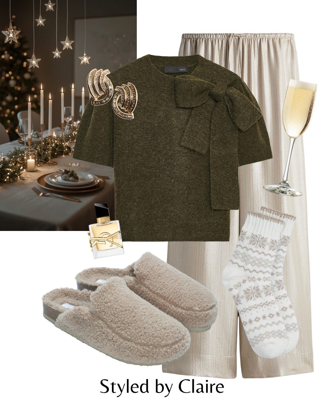 Festive Night In🎄🎄🎄
Tags: Zara khaki bow knit top tshirt shimmery wide drawstring trousers boucle slippers white company taupe cozy socks cable earrings fashion cozy Christmas Day 

#LTKfestive #LTKshoes #LTKstyletip