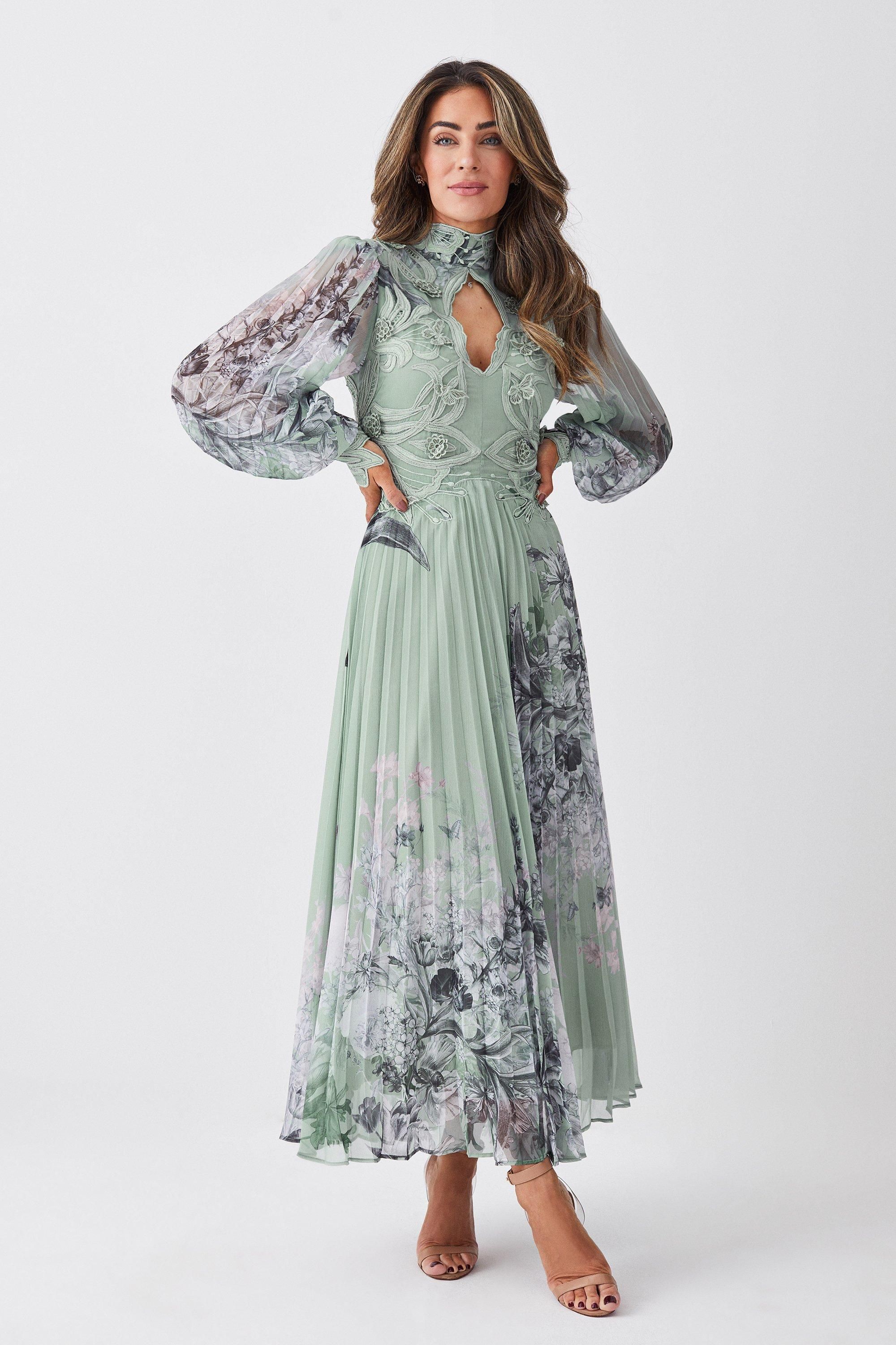 Lydia Millen Floral Applique Lace Pleated Maxi Dress | Karen Millen US