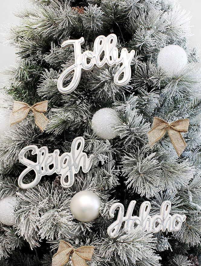 AuldHome Large Farmhouse Christmas Word Art Ornaments in Galvanized Rustic Tin Script with “Jol... | Amazon (US)