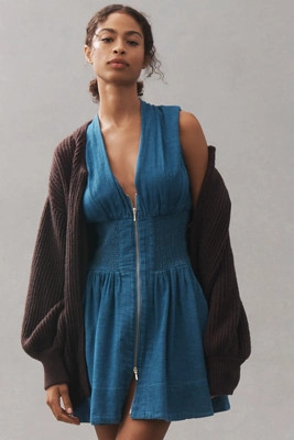 The Tommie Cap-Sleeve Smocked Front-Zip Shirt Dress: Mini Denim Edition | Anthropologie (US)