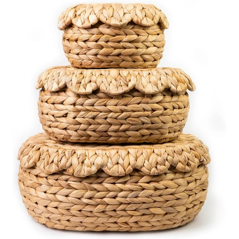 Set of 3 Wicker Storage Baskets with Lid - Decorative Handwoven Rattan Baskets for Organizing, Sm... | Walmart (US)