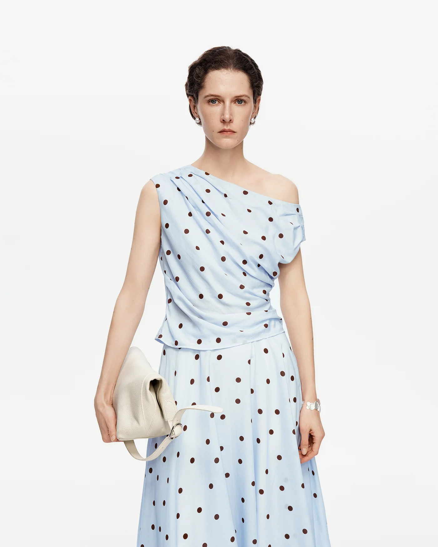 Tencel-Linen Blend  French-Style Off-Shoulder Polka-Dot Vest & SKIRT Set | SELFWHO