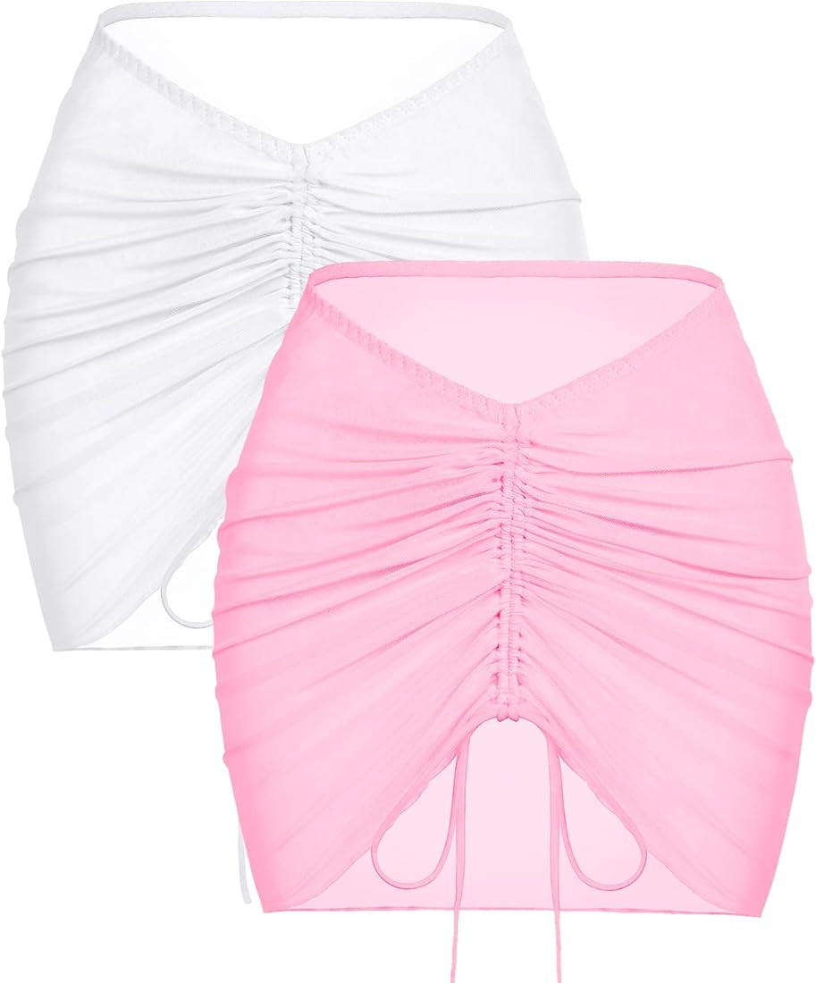AI'MAGE 2 Pieces Women Beach Sheer Cover Ups Mesh Bikini Ruched Wrap Skirt Coverups for Swimwear ... | Amazon (US)
