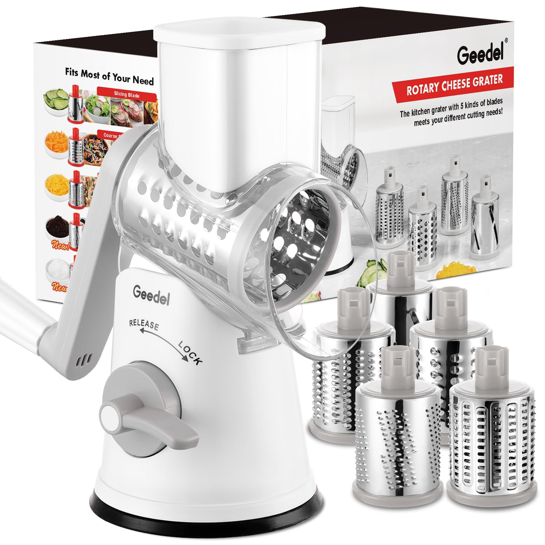 Geedel Rotary Cheese Grater Cheese Shredder - Upgraded 5-in-1 Cheese Grater with Handle and Stron... | Amazon (US)