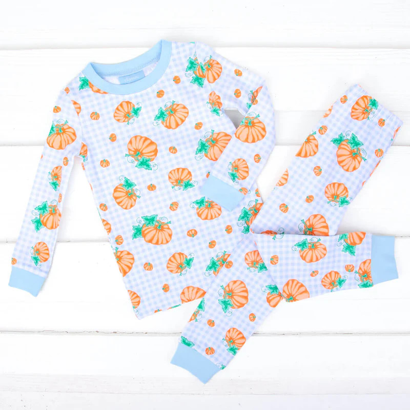 Pumpkin Print Light Blue Gingham Pajamas | Classic Whimsy