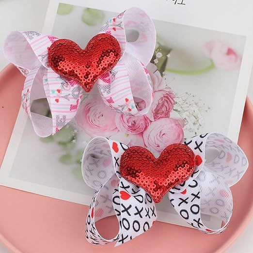2 Packs Valentine's Day Love Hair Clips Heart Sequins Bows XOXO Hair Bows Hair Pins for Kids Love... | Amazon (US)