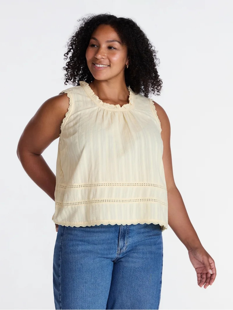 Time and Tru Women's Lace and Ruffle Cotton Tank Top, Sizes XS-XXXL | Walmart (US)