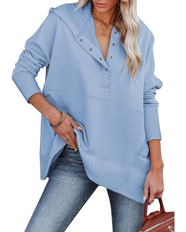 AlvaQ Women Casual Button V Neck Hoodies Oversized Pullover Sweatshirt Hooded Tops with Pockets | Amazon (US)